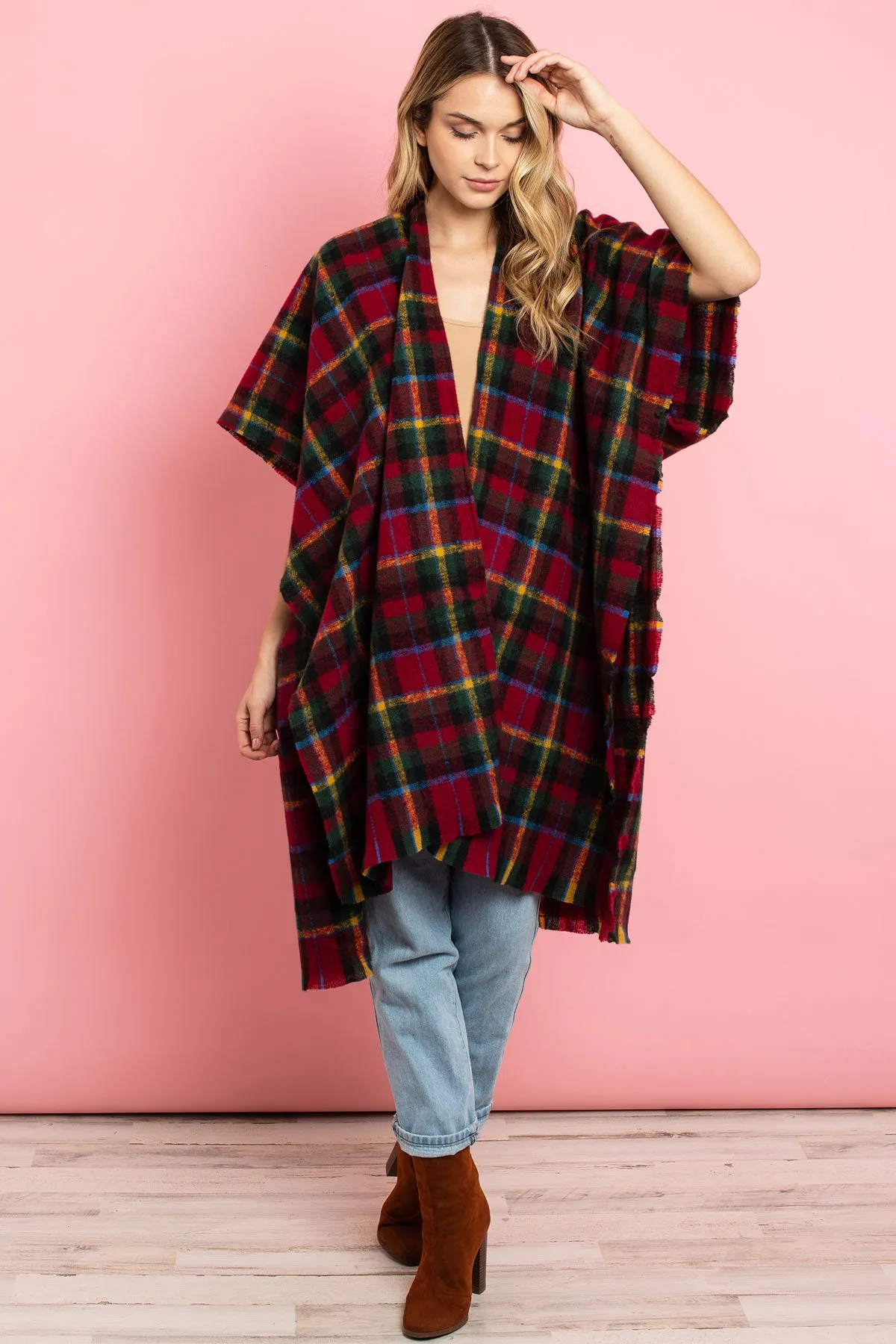 MS0129RD - RED KNEE LENGTH TARTAN PLAID KIMONO