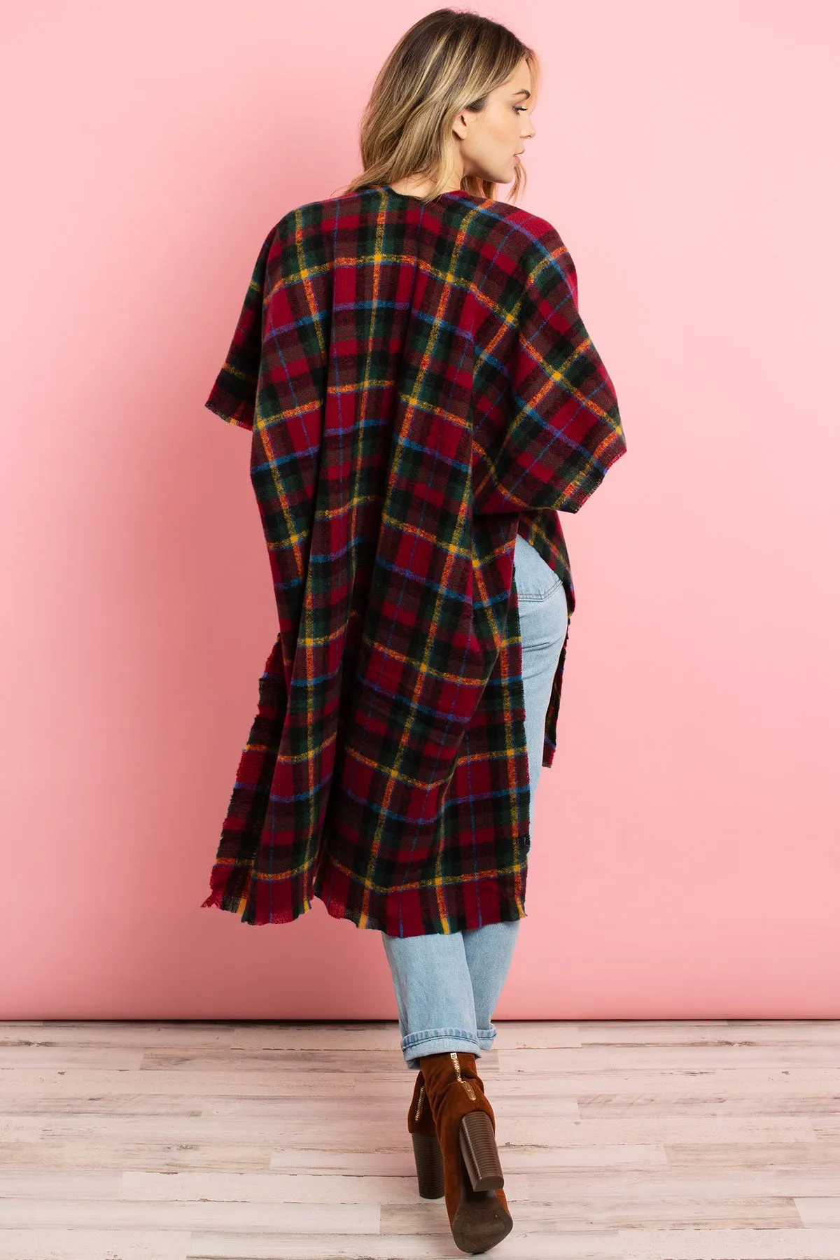 MS0129RD - RED KNEE LENGTH TARTAN PLAID KIMONO