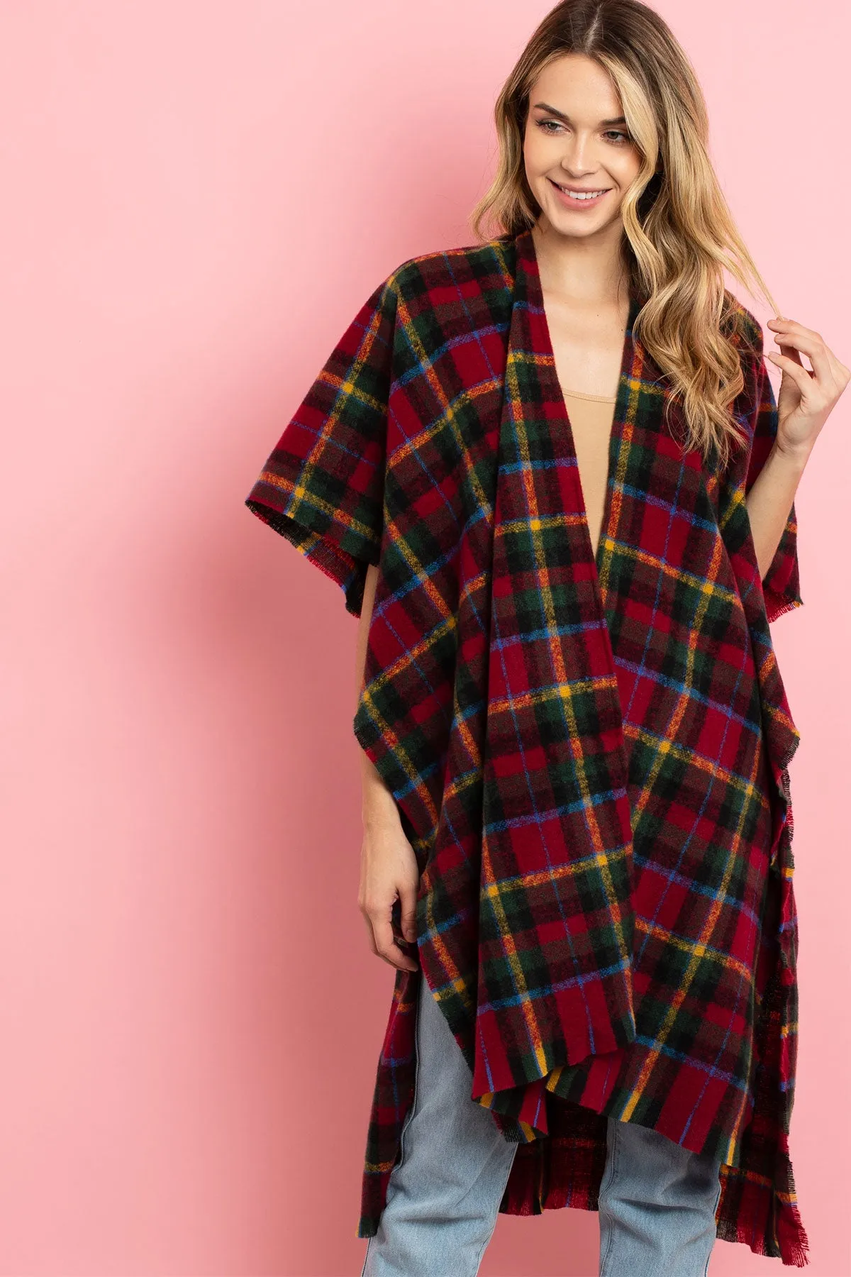 MS0129RD - RED KNEE LENGTH TARTAN PLAID KIMONO