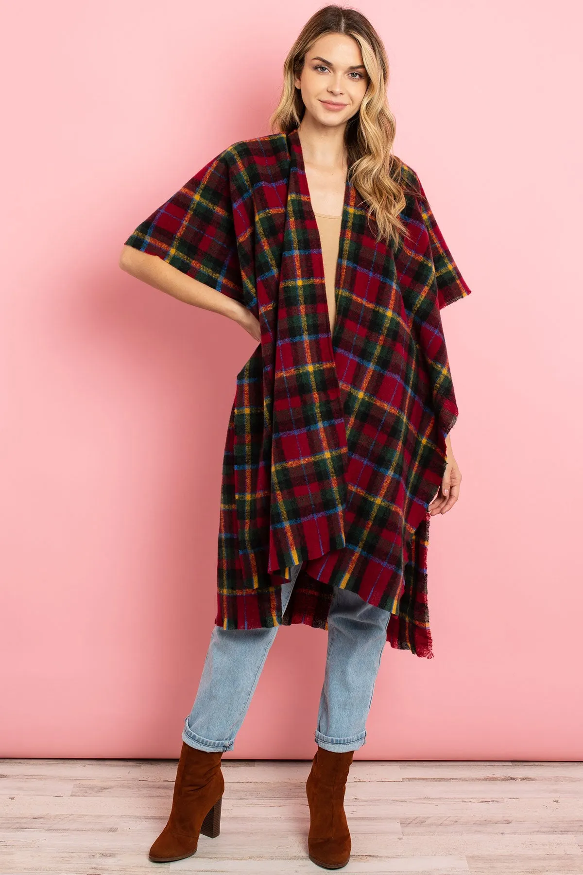 MS0129RD - RED KNEE LENGTH TARTAN PLAID KIMONO