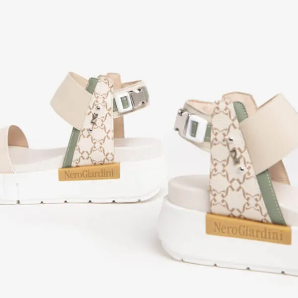 NeroGiardini Beige & Green Print Sandals