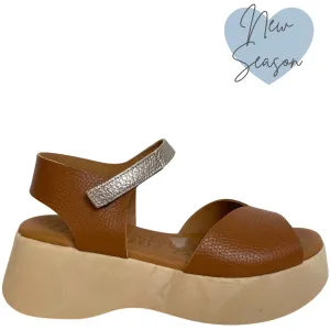 Oh My Sandals Tan Leather & Gold Ankle Strap Sandals