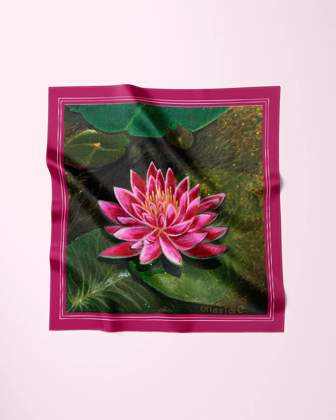 PINK LOTUS Designer 100% Silk Art-A-Porte Scarf Magenta Border