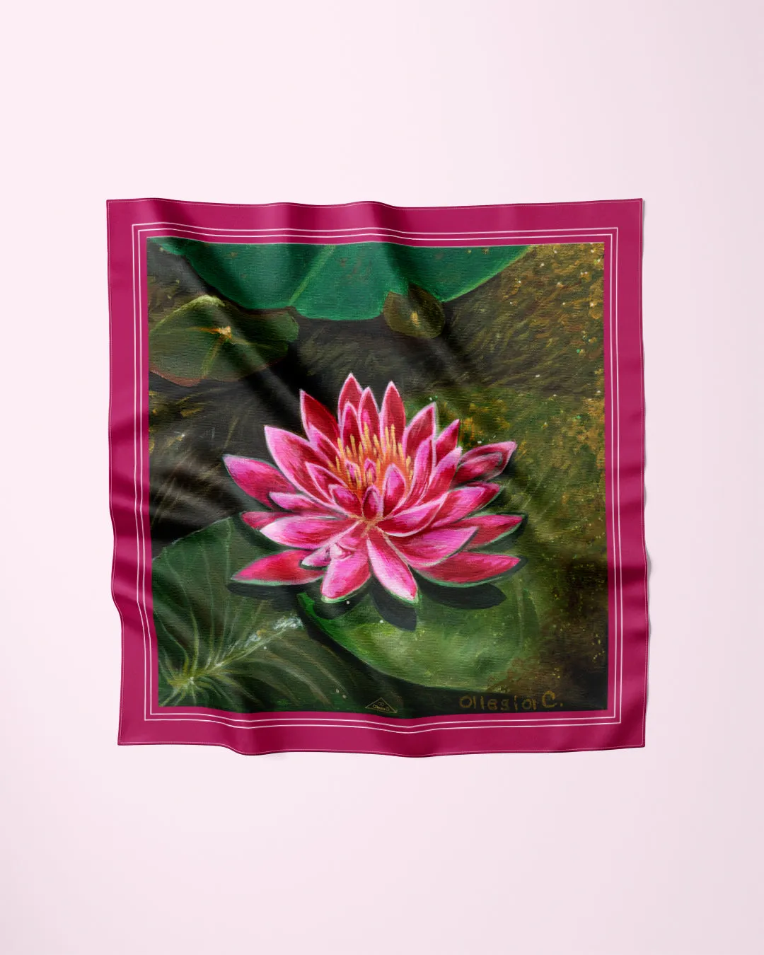 PINK LOTUS Designer 100% Silk Art-A-Porte Scarf Magenta Border