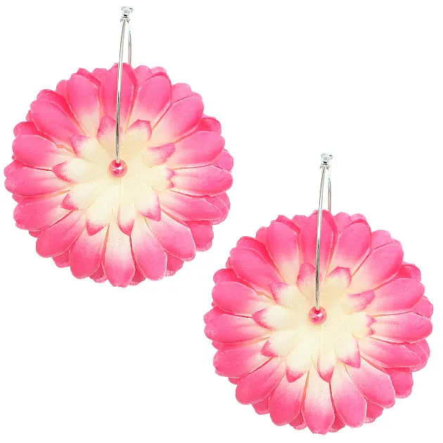 Pink Oversized Large Beaded Flower Hoop Earrings