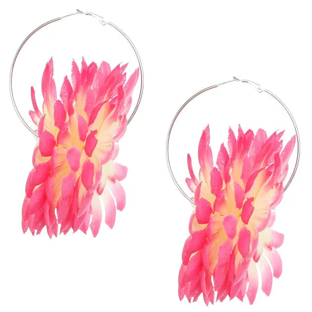 Pink Oversized Large Beaded Flower Hoop Earrings