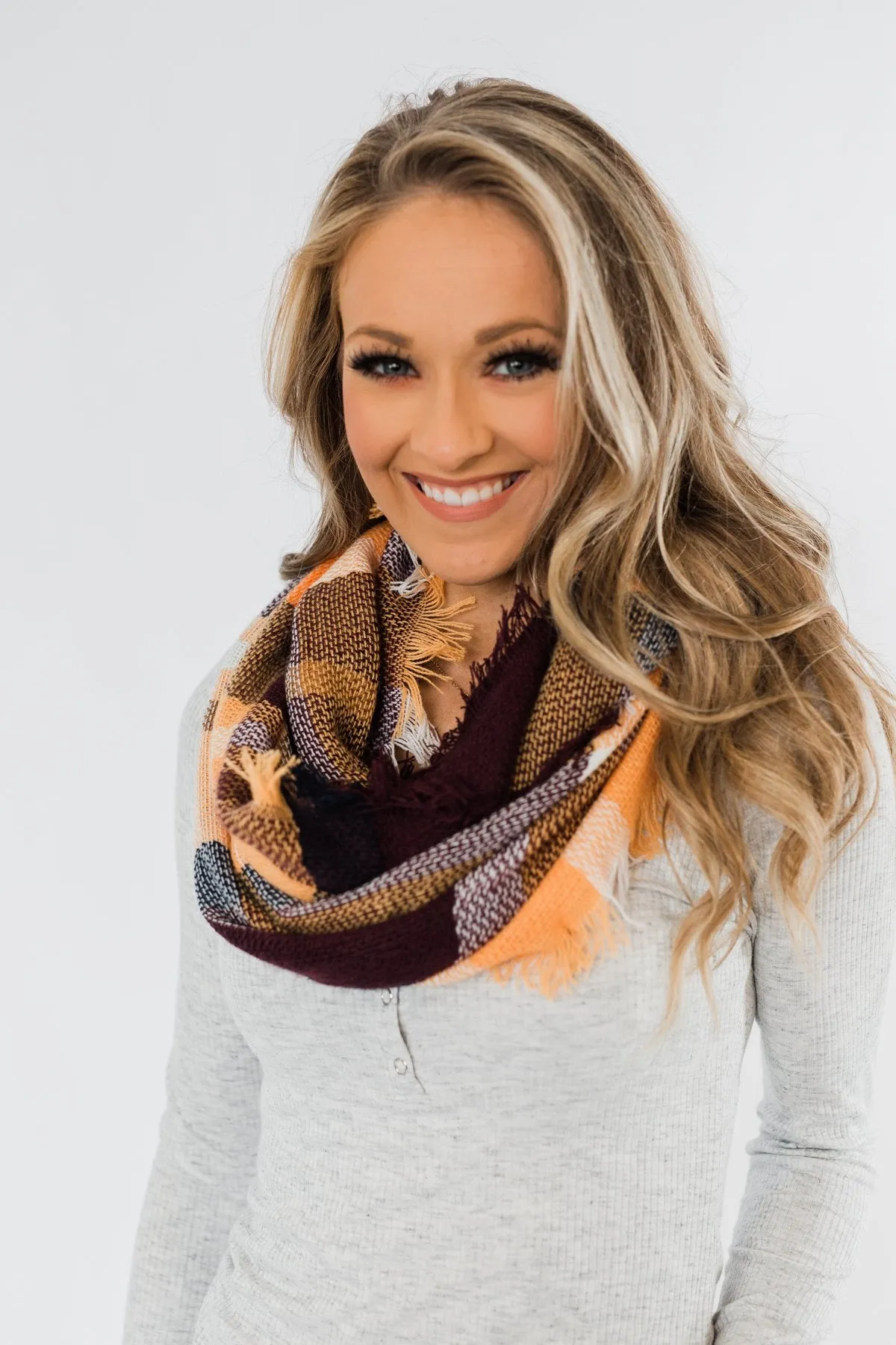 Plaid Infinity Scarf- Eggplant & Golden Yellow