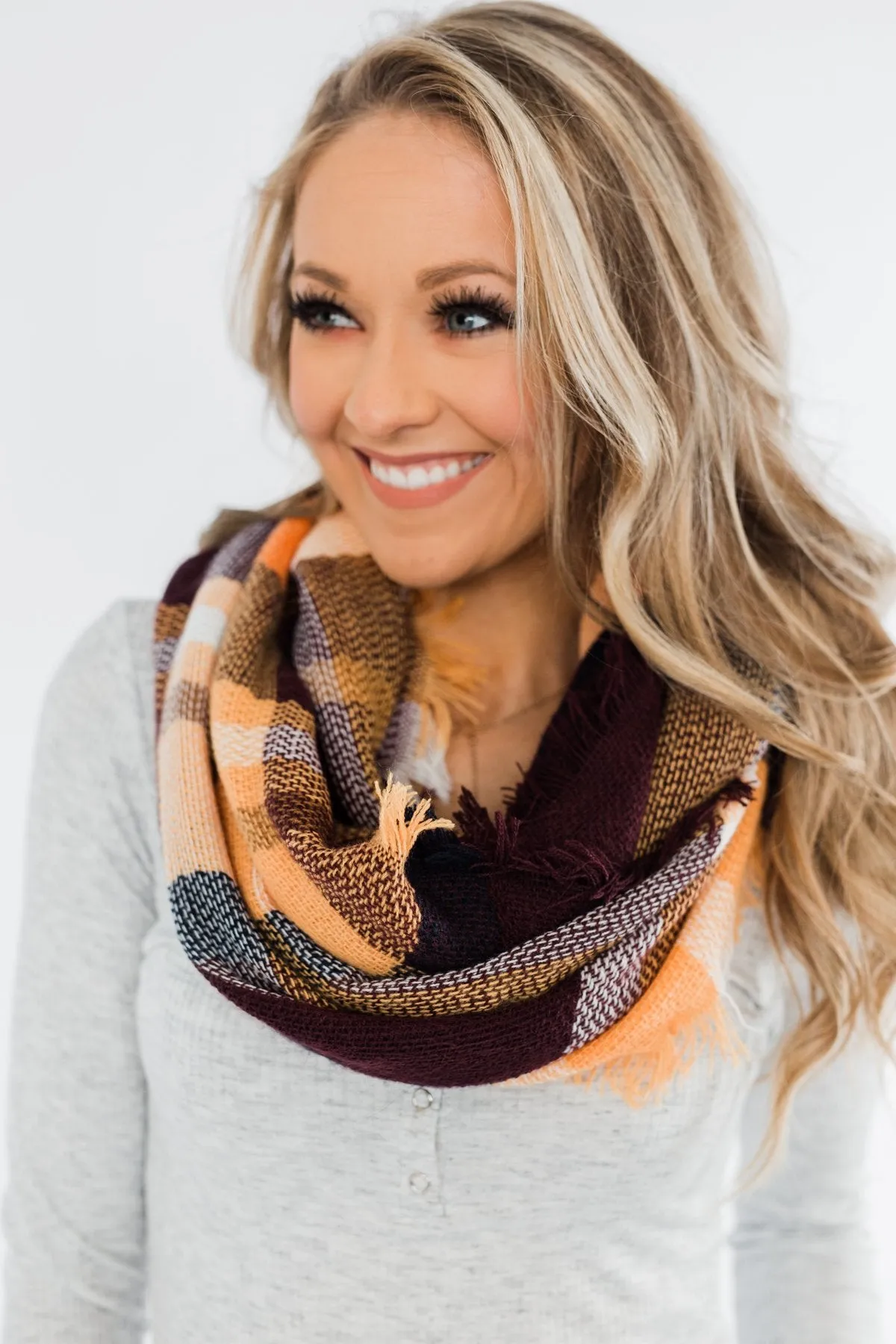 Plaid Infinity Scarf- Eggplant & Golden Yellow