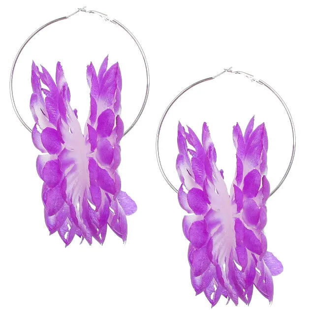 Purple Oversized Large Beaded Flower Hoop Earrings