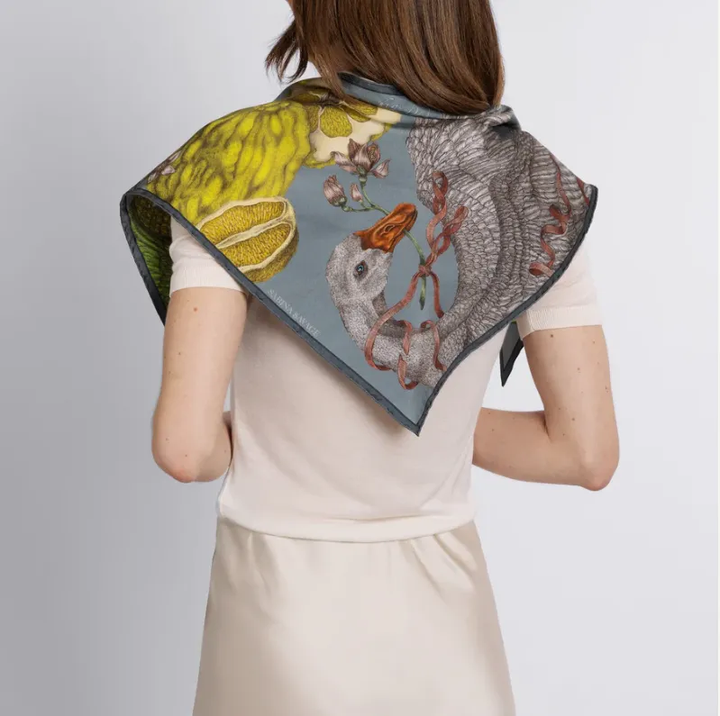 "Oranges and Lemons" Triangle Silk Twill Scarf Acid/Smog