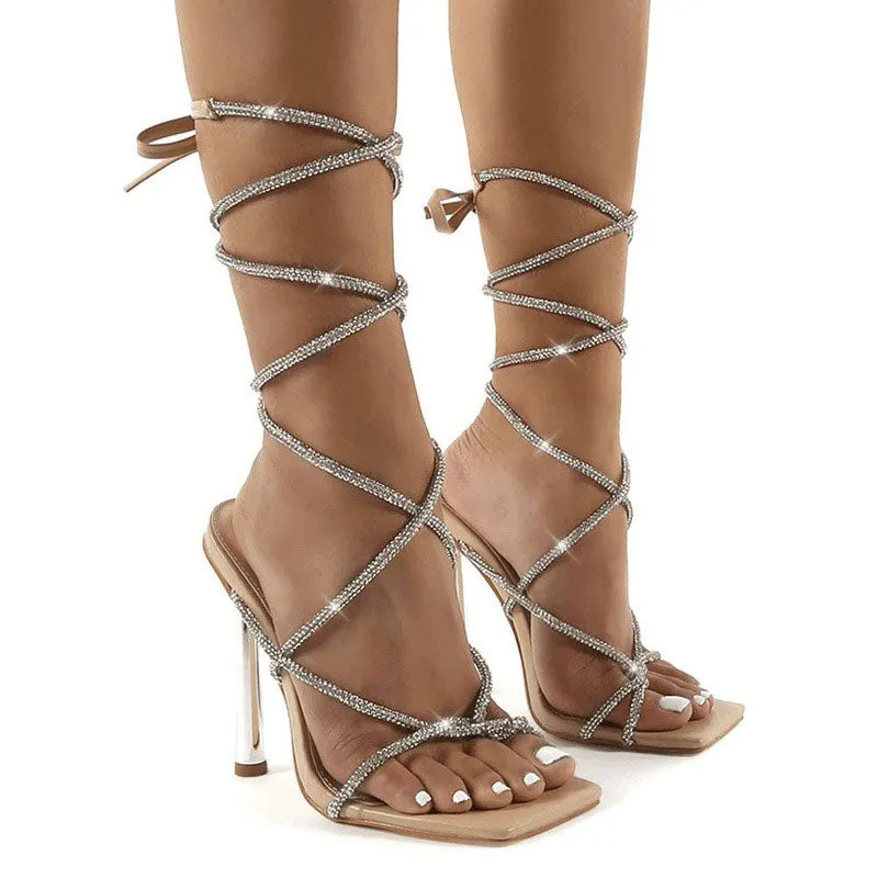 Rhinestone Square Toe Lace Up Thin Heeled Sandals