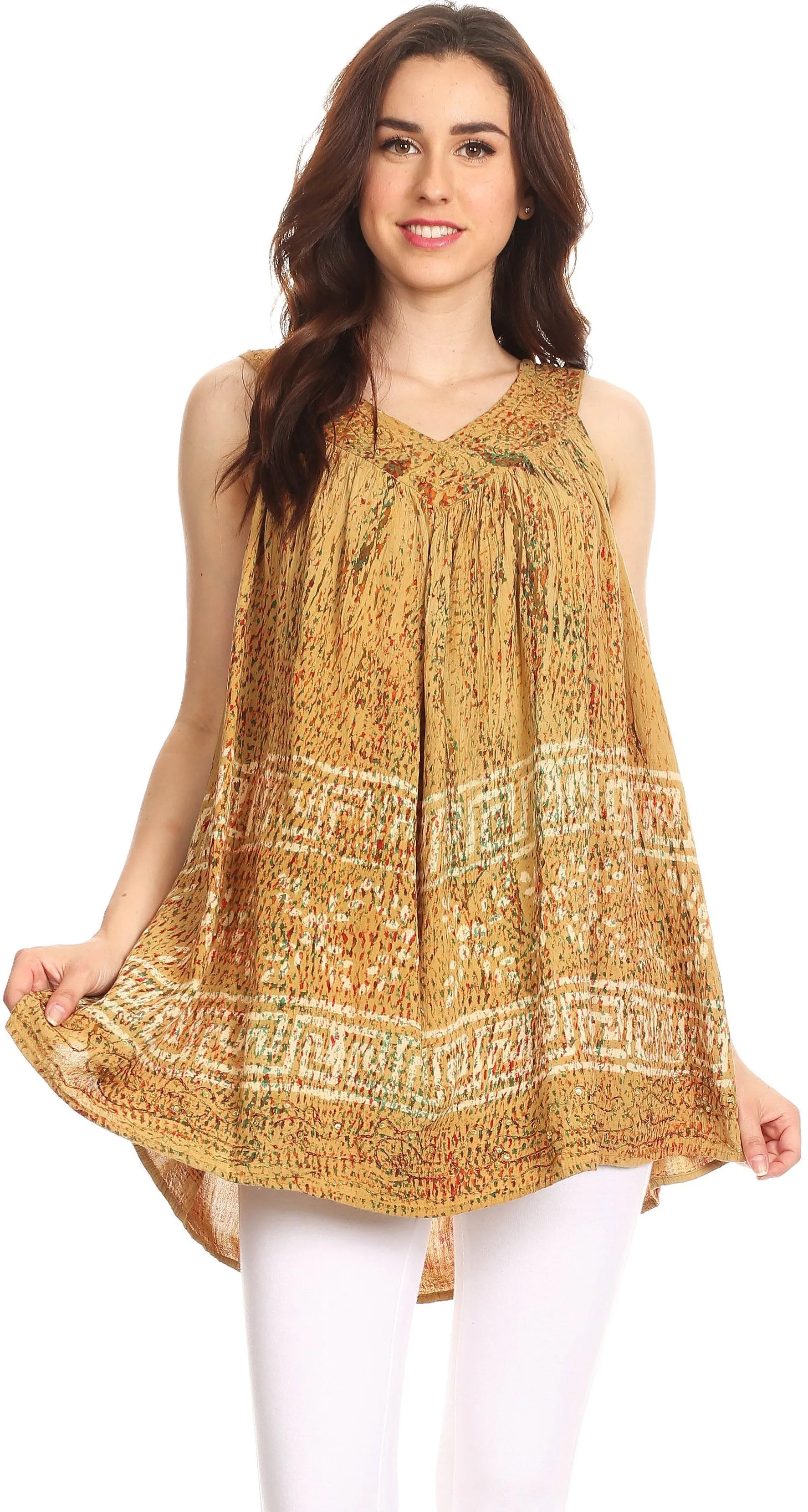 Sakkas Badalea Long Embroidered Sequin Beaded Batik Shirt Printed Tank Top Blouse