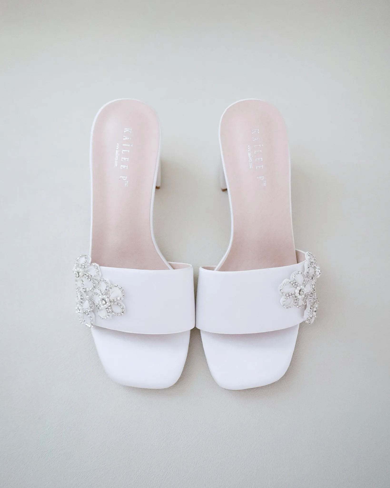 Satin Block Heels Slide Wedding Sandals with Rhinestones Chassia Flower