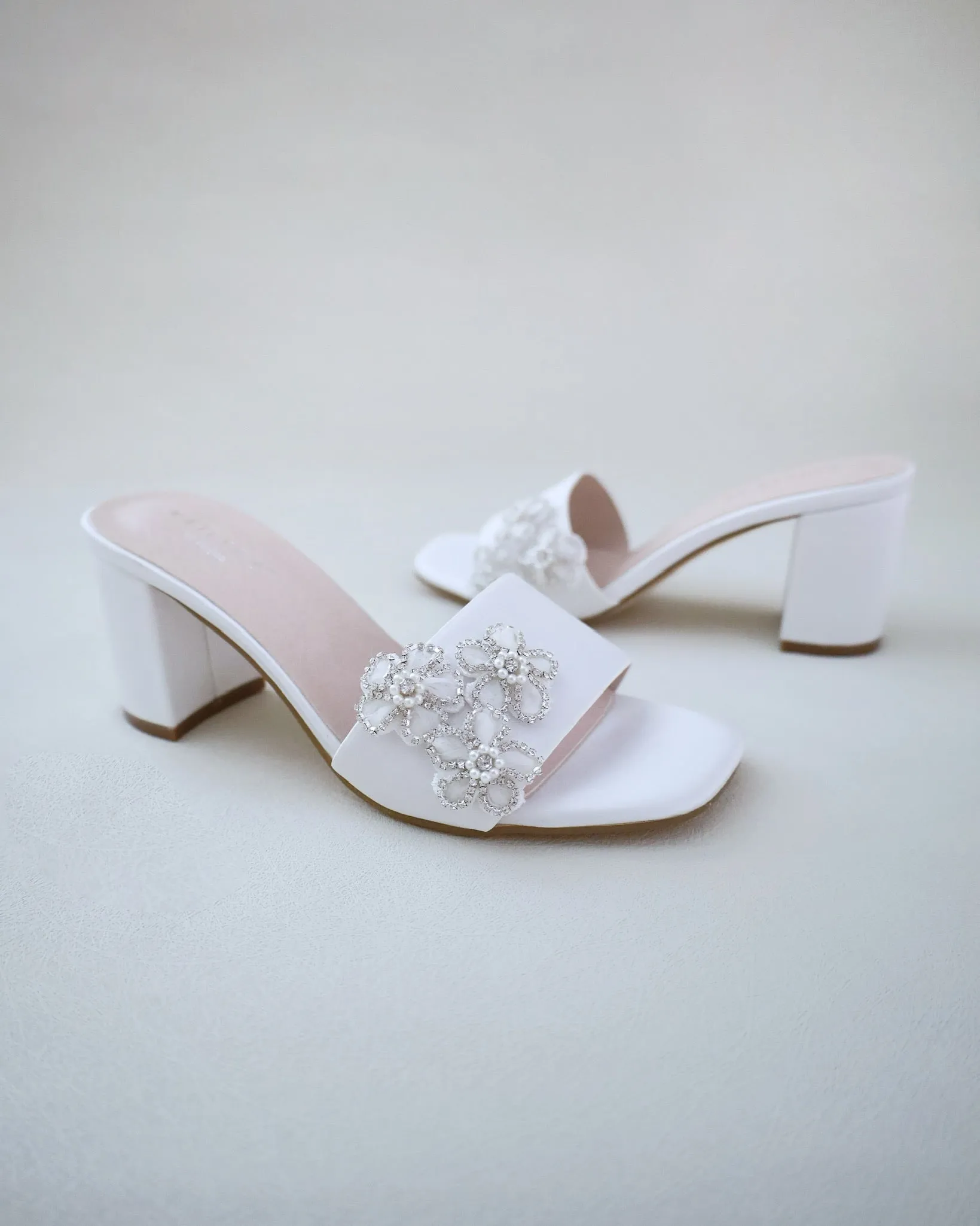 Satin Block Heels Slide Wedding Sandals with Rhinestones Chassia Flower