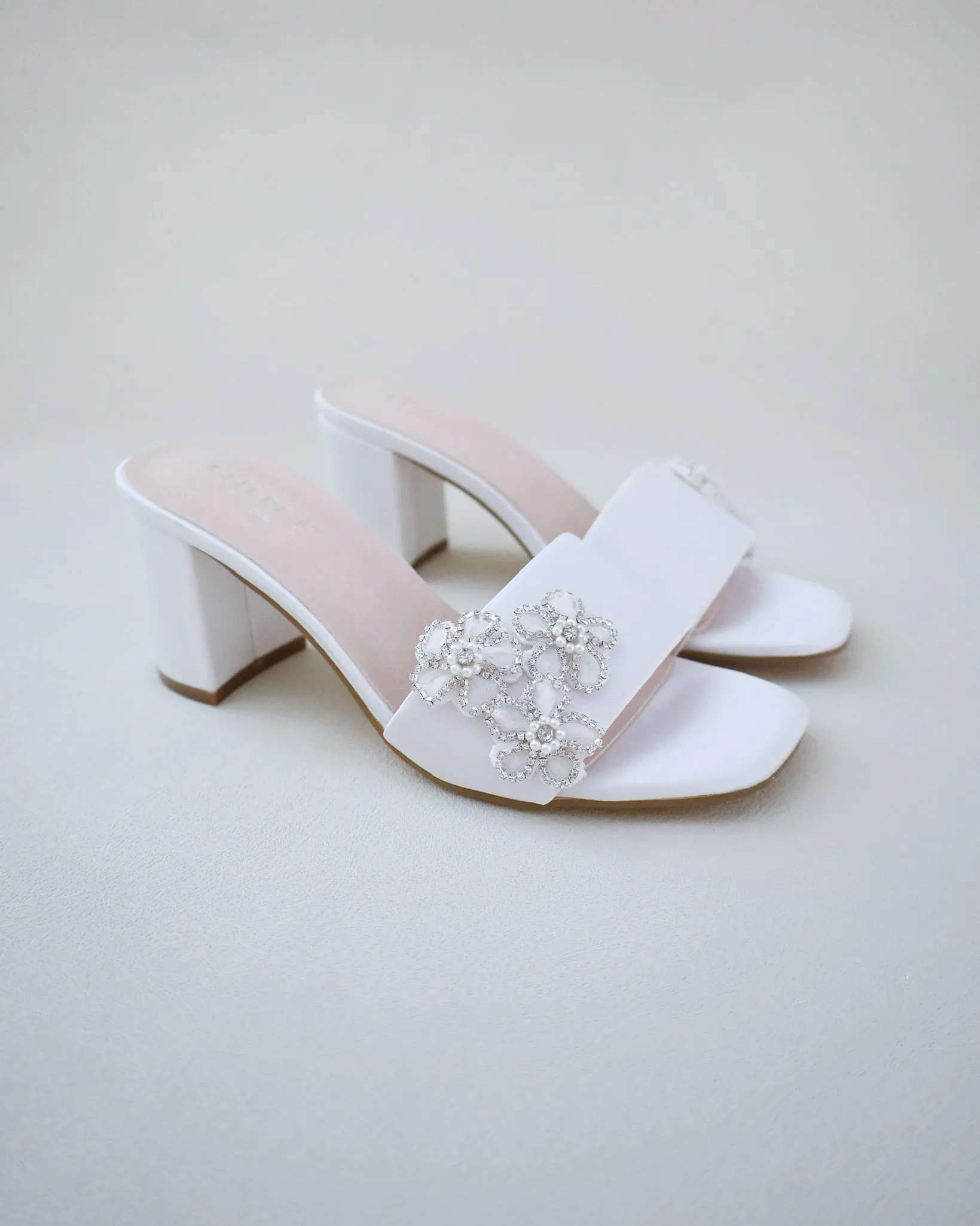 Satin Block Heels Slide Wedding Sandals with Rhinestones Chassia Flower