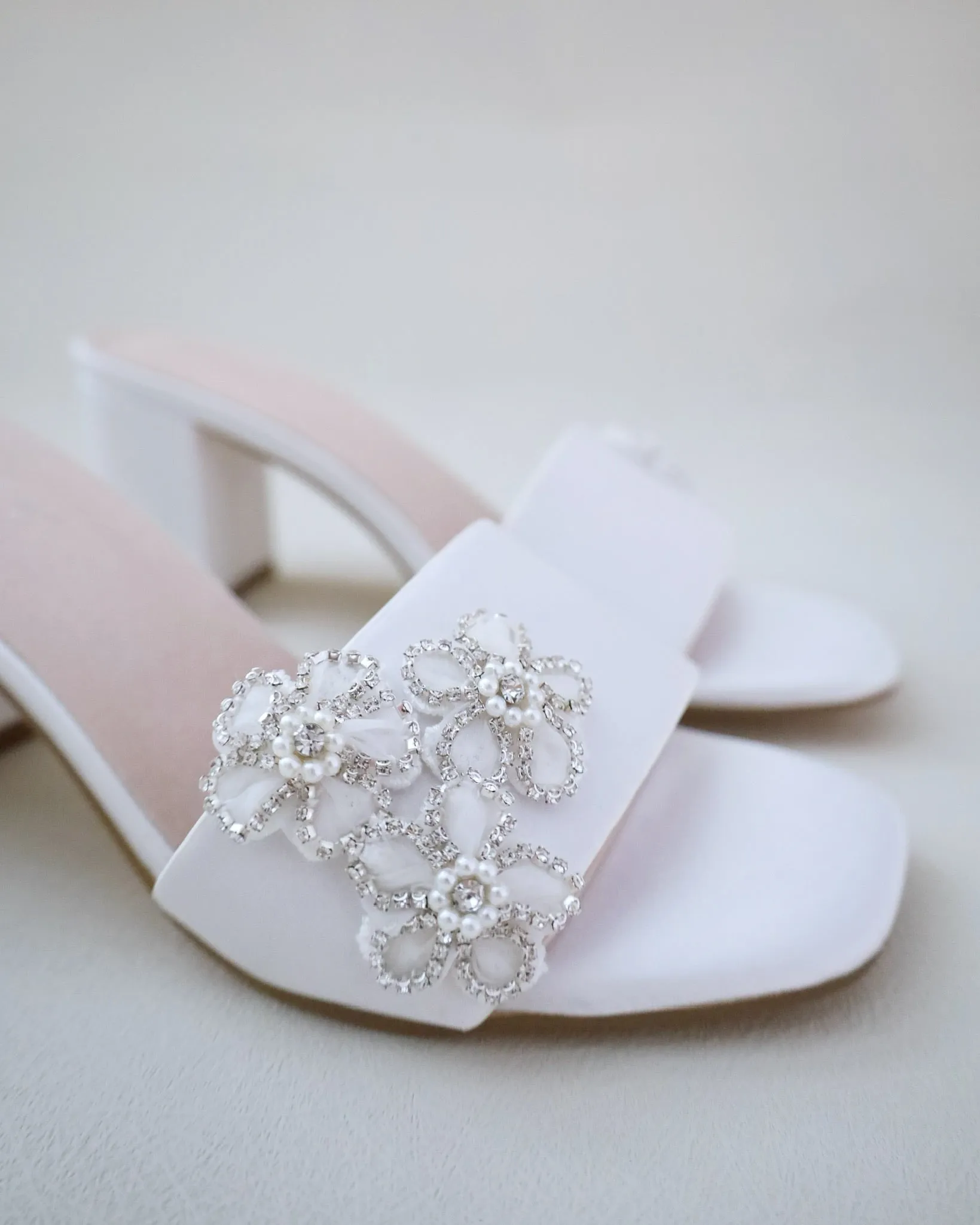 Satin Block Heels Slide Wedding Sandals with Rhinestones Chassia Flower