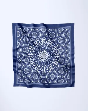 SERENITY Mandala Designer 100% Silk Scarf in NAVY BLUE WHITE