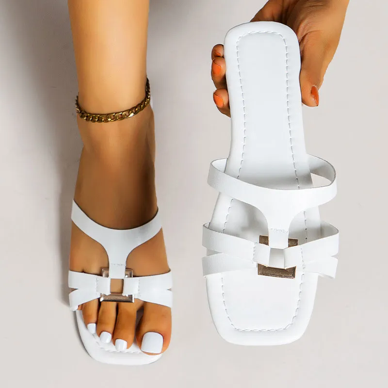 Solid Square Toe Buckle Decoration Flat Sandals