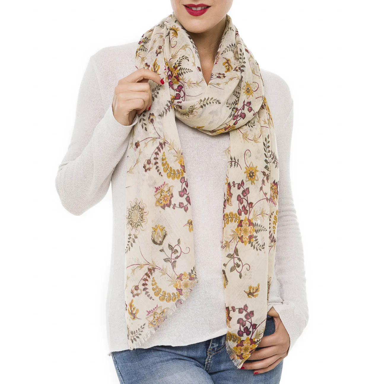 Spanish Design Printed Viscose Scarf (Beige Flower)