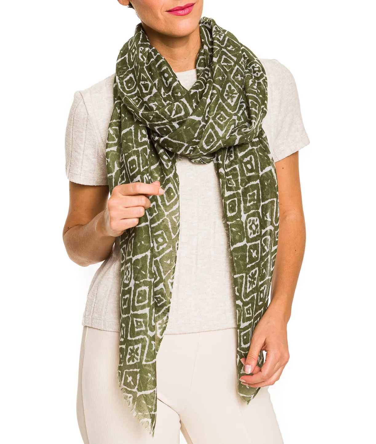 Spanish Design Printed Viscose Scarf (Green Geometrical)