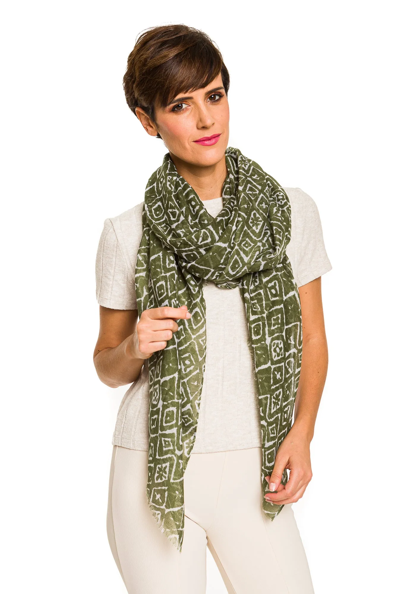 Spanish Design Printed Viscose Scarf (Green Geometrical)