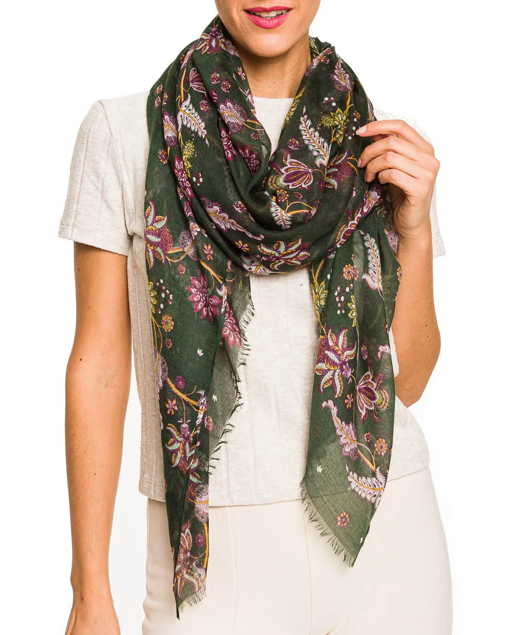 Spanish Design Printed Viscose Scarf (Green Paisley)