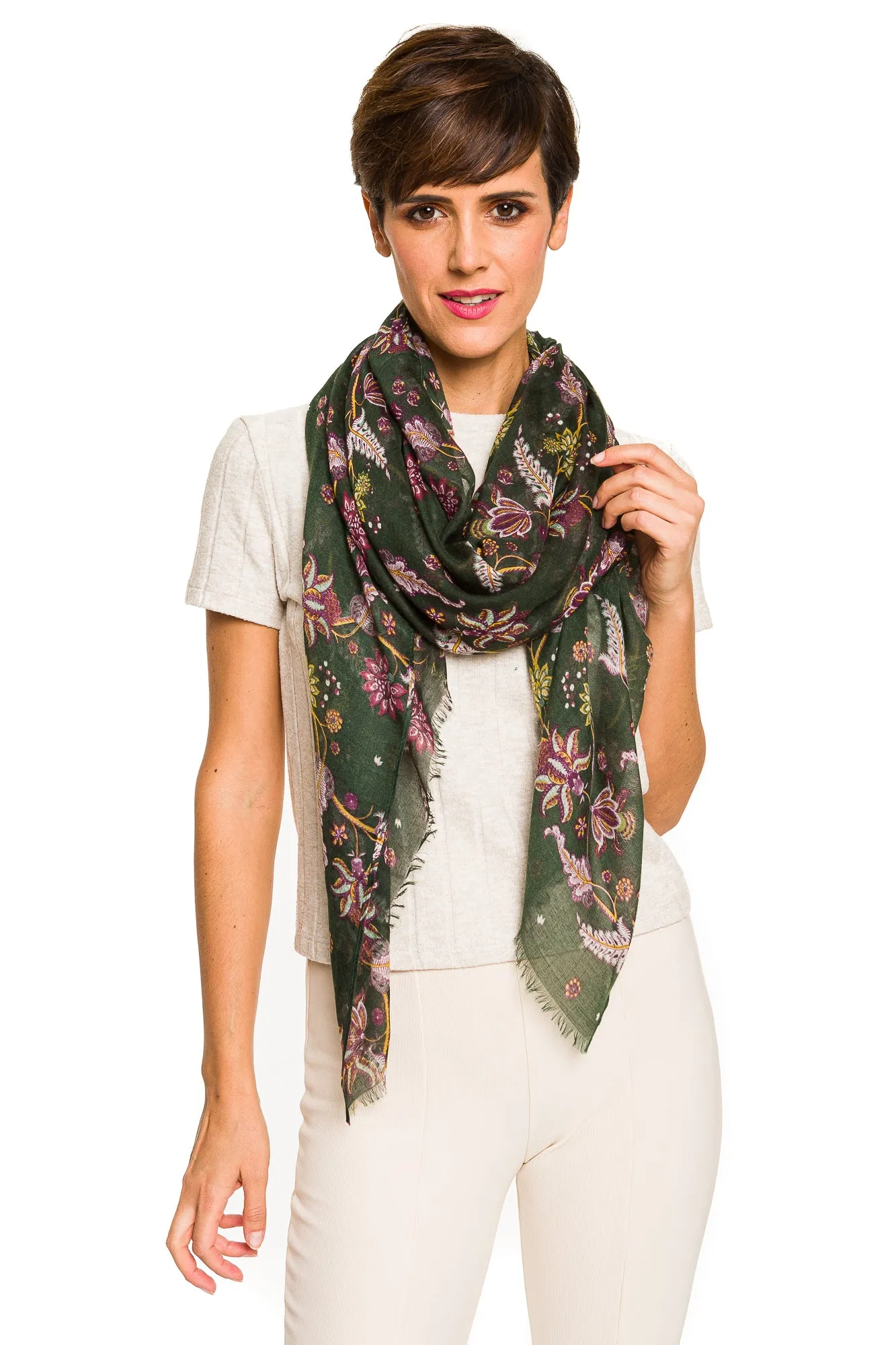 Spanish Design Printed Viscose Scarf (Green Paisley)