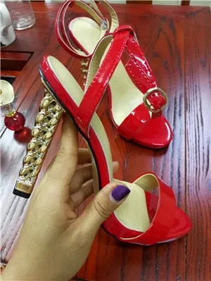 Unique Gold Metal Knitted High Heel Sandals Women One-strap Open Toe Patent Leather Strange Heel Summer Shoes Woman