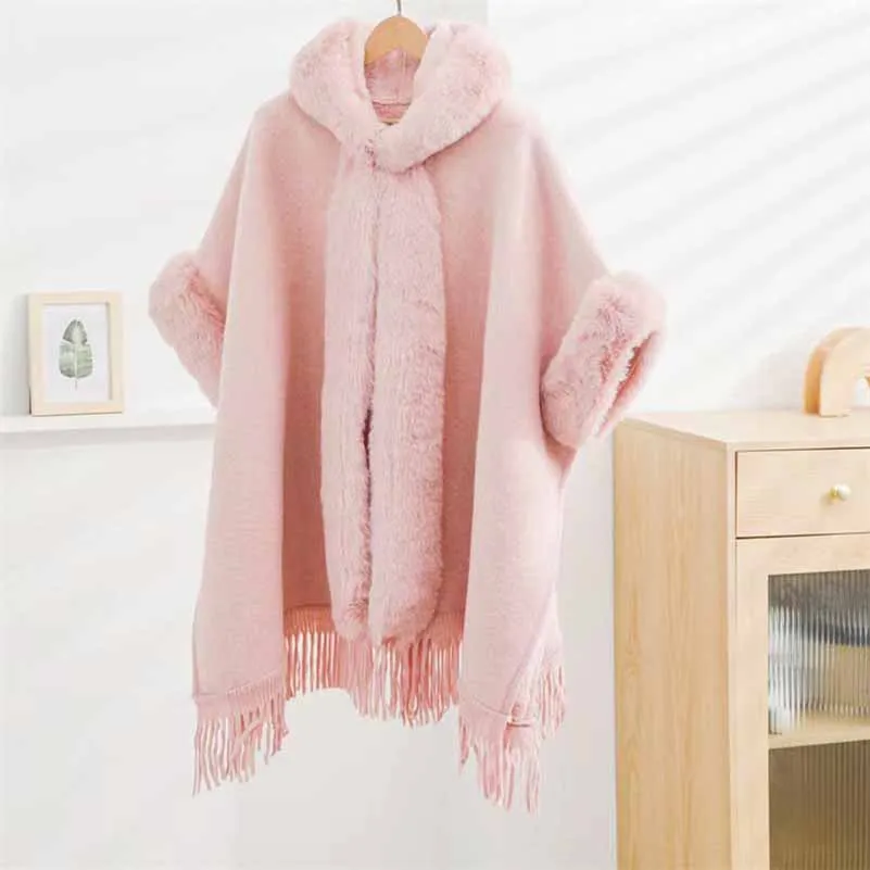 Women Thicken Wool Blend Faux Fur Patchwork Tassel Poncho Outwear Warm Cape Coat