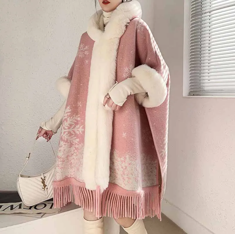 Women Thicken Wool Blend Faux Fur Patchwork Tassel Poncho Outwear Warm Cape Coat