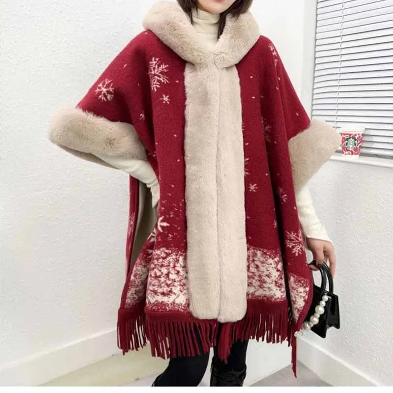 Women Thicken Wool Blend Faux Fur Patchwork Tassel Poncho Outwear Warm Cape Coat