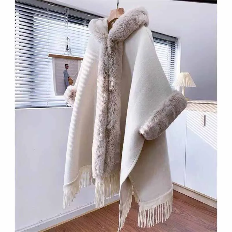 Women Thicken Wool Blend Faux Fur Patchwork Tassel Poncho Outwear Warm Cape Coat