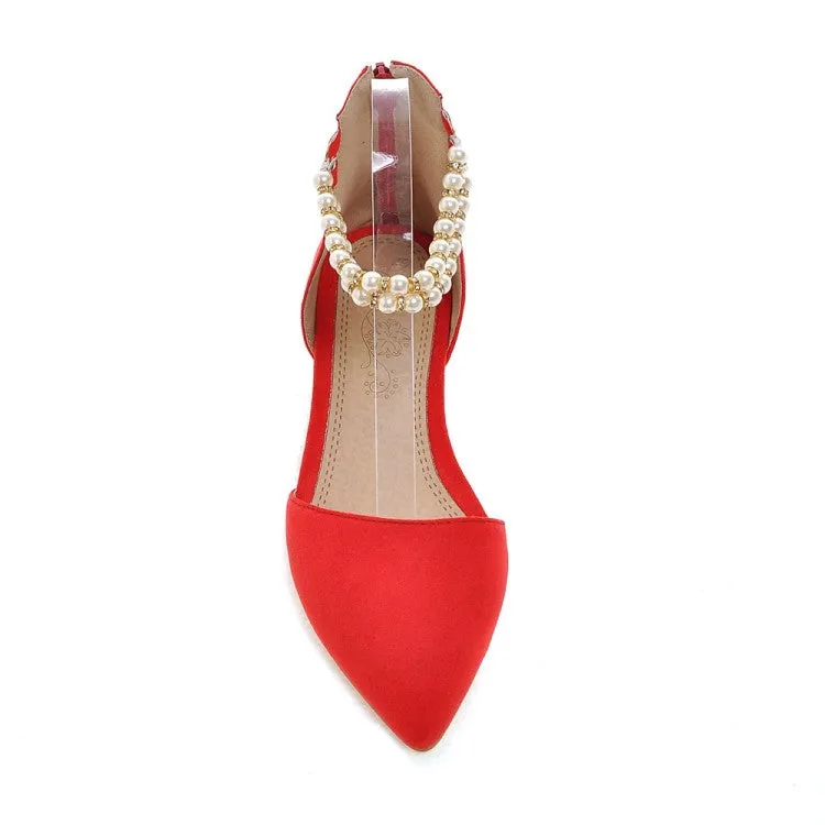 Women's Pointed Toe Solid Color Pearls Beading Ankle Strap Flat Sandals