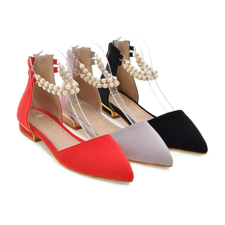 Women's Pointed Toe Solid Color Pearls Beading Ankle Strap Flat Sandals