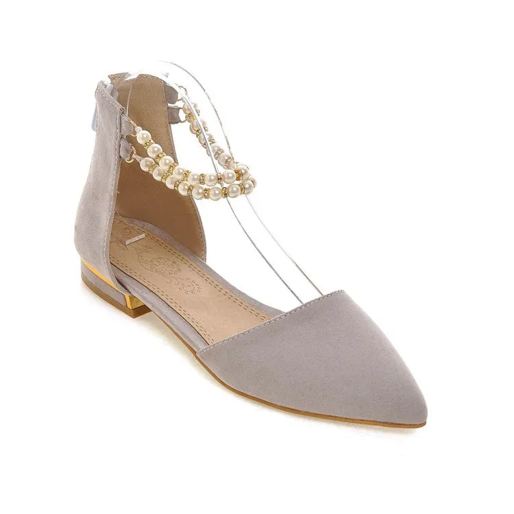 Women's Pointed Toe Solid Color Pearls Beading Ankle Strap Flat Sandals