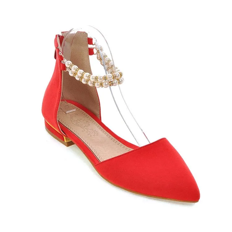 Women's Pointed Toe Solid Color Pearls Beading Ankle Strap Flat Sandals