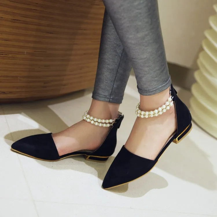 Women's Pointed Toe Solid Color Pearls Beading Ankle Strap Flat Sandals