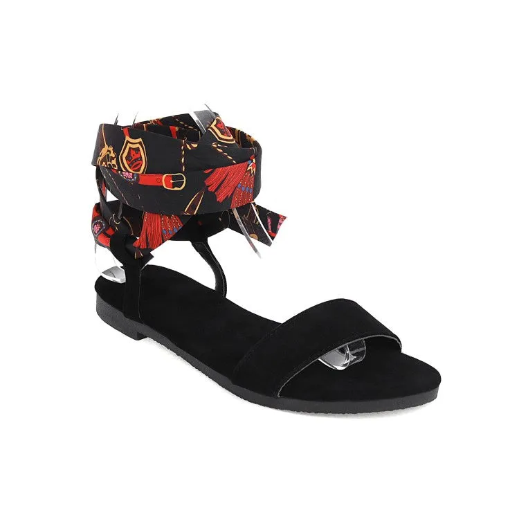 Women's Round Toe Colorful Silk Ankle Strap Flat Sandals