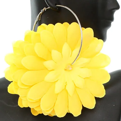 Yellow Oversized Large Beaded Flower Hoop Earrings